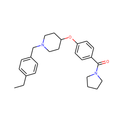 CCc1ccc(CN2CCC(Oc3ccc(C(=O)N4CCCC4)cc3)CC2)cc1 ZINC000012386468