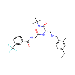 CCc1ccc(CNC[C@H](NC(=O)CNC(=O)c2cccc(C(F)(F)F)c2)C(=O)NC(C)(C)C)c(C)c1 ZINC000028952410