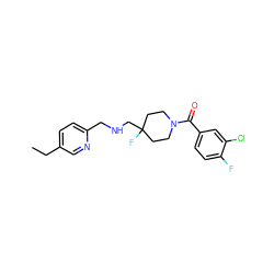 CCc1ccc(CNCC2(F)CCN(C(=O)c3ccc(F)c(Cl)c3)CC2)nc1 ZINC000013797294