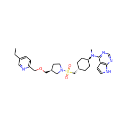 CCc1ccc(COC[C@H]2CCN(S(=O)(=O)C[C@H]3CC[C@H](N(C)c4ncnc5[nH]ccc45)CC3)C2)nc1 ZINC000261071571