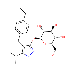 CCc1ccc(Cc2c(O[C@@H]3O[C@H](CO)[C@@H](O)[C@H](O)[C@H]3O)n[nH]c2C(C)C)cc1 ZINC000095578442