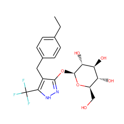 CCc1ccc(Cc2c(O[C@@H]3O[C@H](CO)[C@@H](O)[C@H](O)[C@H]3O)n[nH]c2C(F)(F)F)cc1 ZINC000013535168