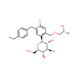 CCc1ccc(Cc2cc([C@@H]3O[C@H](CO)[C@@H](O)[C@H](O)[C@H]3O)c(COC[C@@H](C)O)cc2Cl)cc1 ZINC000049802777