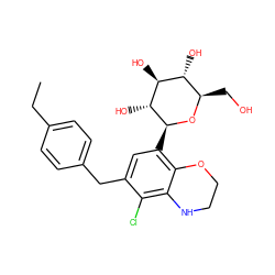 CCc1ccc(Cc2cc([C@@H]3O[C@H](CO)[C@@H](O)[C@H](O)[C@H]3O)c3c(c2Cl)NCCO3)cc1 ZINC000206073541