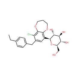 CCc1ccc(Cc2cc([C@@H]3O[C@H](CO)[C@@H](O)[C@H](O)[C@H]3O)c3c(c2Cl)OCCCO3)cc1 ZINC000206115382