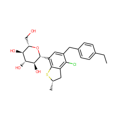 CCc1ccc(Cc2cc([C@H]3O[C@@H](CO)[C@H](O)[C@@H](O)[C@@H]3O)c3c(c2Cl)C[C@H](C)S3)cc1 ZINC001772653415