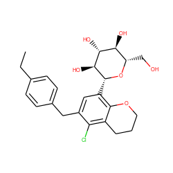 CCc1ccc(Cc2cc([C@H]3O[C@@H](CO)[C@H](O)[C@@H](O)[C@@H]3O)c3c(c2Cl)CCCO3)cc1 ZINC001772638456