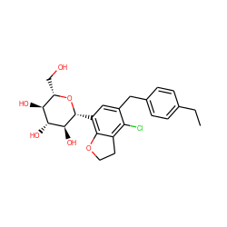 CCc1ccc(Cc2cc([C@H]3O[C@@H](CO)[C@H](O)[C@@H](O)[C@@H]3O)c3c(c2Cl)CCO3)cc1 ZINC001772582476