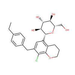 CCc1ccc(Cc2cc([C@H]3O[C@@H](CO)[C@H](O)[C@@H](O)[C@@H]3O)c3c(c2Cl)OCCC3)cc1 ZINC001772639242