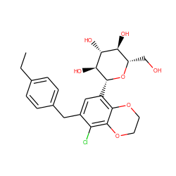 CCc1ccc(Cc2cc([C@H]3O[C@@H](CO)[C@H](O)[C@@H](O)[C@@H]3O)c3c(c2Cl)OCCO3)cc1 ZINC001772603178