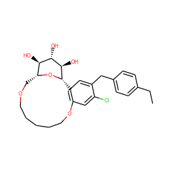 CCc1ccc(Cc2cc3c(cc2Cl)OCCCCCOC[C@H]2O[C@@H]3[C@H](O)[C@@H](O)[C@@H]2O)cc1 ZINC000072114974