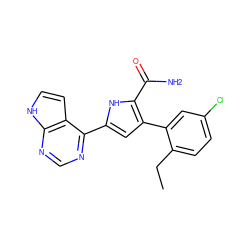 CCc1ccc(Cl)cc1-c1cc(-c2ncnc3[nH]ccc23)[nH]c1C(N)=O ZINC000143273397