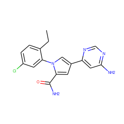 CCc1ccc(Cl)cc1-n1cc(-c2cc(N)ncn2)cc1C(N)=O ZINC000143036063