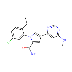 CCc1ccc(Cl)cc1-n1cc(-c2cc(NC)ncn2)cc1C(N)=O ZINC000143052180