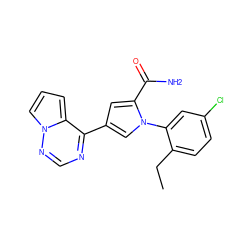 CCc1ccc(Cl)cc1-n1cc(-c2ncnn3cccc23)cc1C(N)=O ZINC000143050239