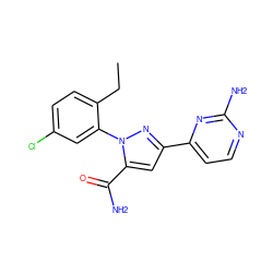 CCc1ccc(Cl)cc1-n1nc(-c2ccnc(N)n2)cc1C(N)=O ZINC000203778439