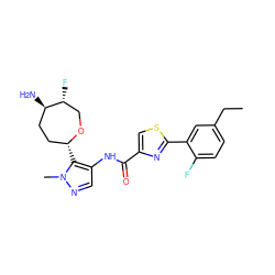 CCc1ccc(F)c(-c2nc(C(=O)Nc3cnn(C)c3[C@@H]3CC[C@@H](N)[C@H](F)CO3)cs2)c1 ZINC000221388207