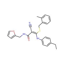 CCc1ccc(N/C(SCc2ccccc2C)=C(/C#N)C(=O)NCc2ccco2)cc1 ZINC000003058785