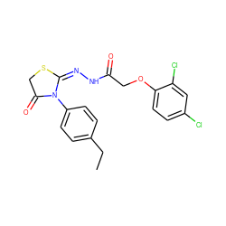 CCc1ccc(N2C(=O)CS/C2=N/NC(=O)COc2ccc(Cl)cc2Cl)cc1 ZINC001772654173