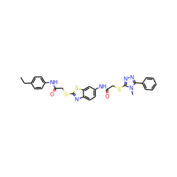 CCc1ccc(NC(=O)CSc2nc3ccc(NC(=O)CSc4nnc(-c5ccccc5)n4C)cc3s2)cc1 ZINC000205240782