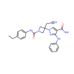 CCc1ccc(NC(=O)N2CC(CC#N)(n3cc(C(N)=O)c(Nc4ccccc4)n3)C2)cc1 ZINC000222094447