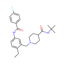 CCc1ccc(NC(=O)c2ccc(F)cc2)cc1CN1CCC(C(=O)NC(C)(C)C)CC1 ZINC001772625771