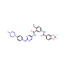 CCc1ccc(NC(=O)c2ccc3c(c2)OC(F)(F)O3)cc1C(=O)Nc1cnc(Nc2ccc(N3CCN(C)CC3)cc2)nc1 ZINC000053050493