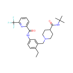 CCc1ccc(NC(=O)c2cccc(C(F)(F)F)n2)cc1CN1CCC(C(=O)NC(C)(C)C)CC1 ZINC001772583773