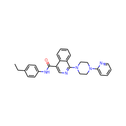 CCc1ccc(NC(=O)c2cnc(N3CCN(c4ccccn4)CC3)c3ccccc23)cc1 ZINC000027534661