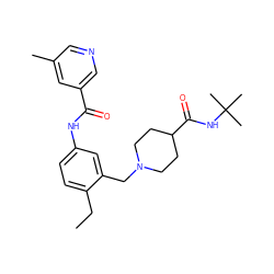 CCc1ccc(NC(=O)c2cncc(C)c2)cc1CN1CCC(C(=O)NC(C)(C)C)CC1 ZINC001772619330