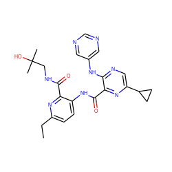 CCc1ccc(NC(=O)c2nc(C3CC3)cnc2Nc2cncnc2)c(C(=O)NCC(C)(C)O)n1 ZINC000169701804