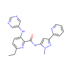 CCc1ccc(Nc2cncnc2)c(C(=O)Nc2cc(-c3ccccn3)nn2C)n1 ZINC000096167392