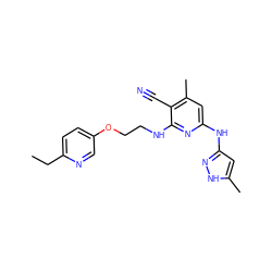 CCc1ccc(OCCNc2nc(Nc3cc(C)[nH]n3)cc(C)c2C#N)cn1 ZINC000116698027