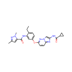 CCc1ccc(Oc2ccc3nc(NC(=O)C4CC4)cn3n2)cc1NC(=O)c1cc(C)nn1C ZINC000095602208