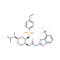 CCc1ccc(S(=O)(=O)C[C@@H]2C[C@H](N(C)C(C)C)CC[C@@H]2NC(=O)Cc2nc3cccc(C(F)(F)F)c3[nH]2)cc1 ZINC000084741991