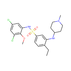 CCc1ccc(S(=O)(=O)Nc2cc(Cl)cc(Cl)c2OC)cc1NC1CCN(C)CC1 ZINC000058603324