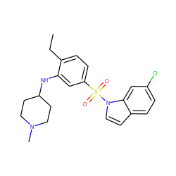 CCc1ccc(S(=O)(=O)n2ccc3ccc(Cl)cc32)cc1NC1CCN(C)CC1 ZINC000095572880