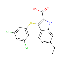 CCc1ccc2c(Sc3cc(Cl)cc(Cl)c3)c(C(=O)O)[nH]c2c1 ZINC000095582364