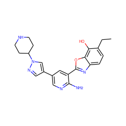 CCc1ccc2nc(-c3cc(-c4cnn(C5CCNCC5)c4)cnc3N)oc2c1O ZINC000103250016