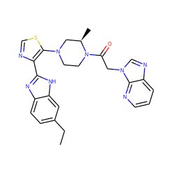 CCc1ccc2nc(-c3ncsc3N3CCN(C(=O)Cn4cnc5cccnc54)[C@H](C)C3)[nH]c2c1 ZINC000205451459