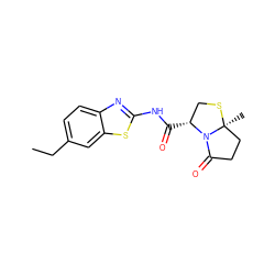 CCc1ccc2nc(NC(=O)[C@@H]3CS[C@@]4(C)CCC(=O)N34)sc2c1 ZINC000023683686