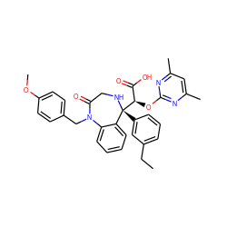 CCc1cccc([C@]2([C@H](Oc3nc(C)cc(C)n3)C(=O)O)NCC(=O)N(Cc3ccc(OC)cc3)c3ccccc32)c1 ZINC000026672957