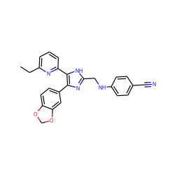 CCc1cccc(-c2[nH]c(CNc3ccc(C#N)cc3)nc2-c2ccc3c(c2)OCO3)n1 ZINC000028656302