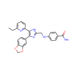 CCc1cccc(-c2[nH]c(CNc3ccc(C(N)=O)cc3)nc2-c2ccc3c(c2)OCO3)n1 ZINC000028656329