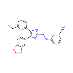 CCc1cccc(-c2[nH]c(CNc3cccc(C#N)c3)nc2-c2ccc3c(c2)OCO3)n1 ZINC000028656297