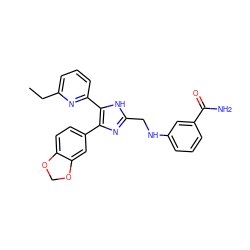 CCc1cccc(-c2[nH]c(CNc3cccc(C(N)=O)c3)nc2-c2ccc3c(c2)OCO3)n1 ZINC000028656326