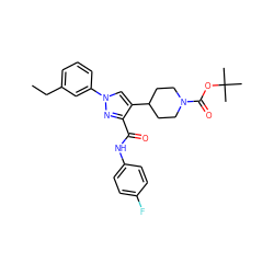 CCc1cccc(-n2cc(C3CCN(C(=O)OC(C)(C)C)CC3)c(C(=O)Nc3ccc(F)cc3)n2)c1 ZINC000001068561