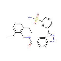 CCc1cccc(CC)c1CNC(=O)c1ccc2[nH]nc(-c3cccc(S(N)(=O)=O)c3)c2c1 ZINC000167355588