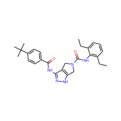 CCc1cccc(CC)c1NC(=O)N1Cc2[nH]nc(NC(=O)c3ccc(C(C)(C)C)cc3)c2C1 ZINC000013643143