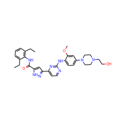 CCc1cccc(CC)c1NC(=O)c1cc(-c2ccnc(Nc3ccc(N4CCN(CCO)CC4)cc3OC)n2)n[nH]1 ZINC000203778415